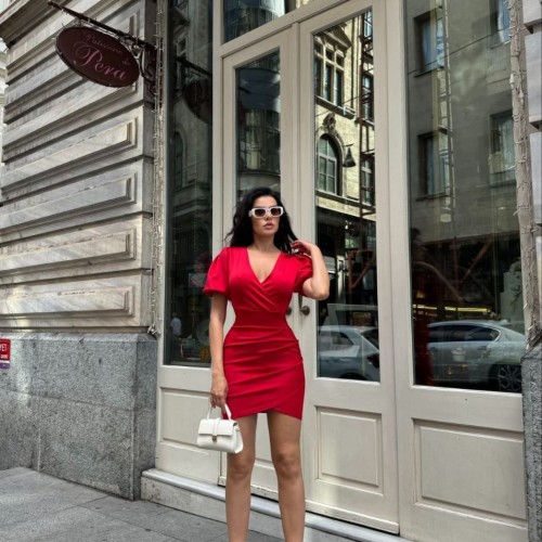 223484 TOPTAN KIRMIZI ELBİSE toptan bayan giyim