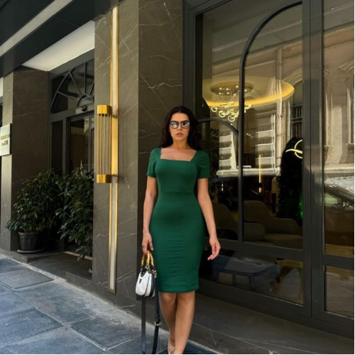 223498 TOPTAN ZÜMRÜT YEŞİL ELBİSE toptan bayan giyim