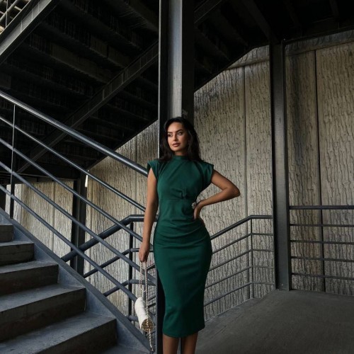 223539 TOPTAN ZÜMRÜT YEŞİL ELBİSE toptan bayan giyim