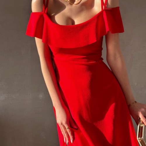 223743 TOPTAN KIRMIZI ELBİSE toptan bayan giyim