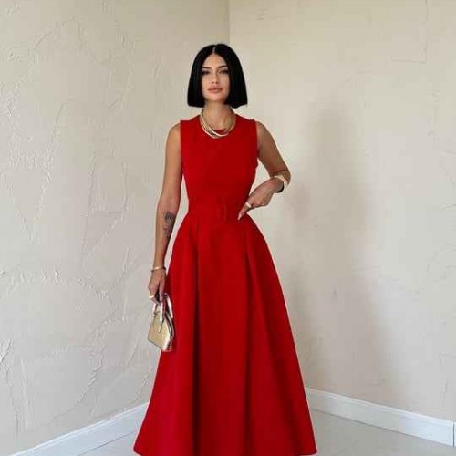 224681 TOPTAN KIRMIZI ELBİSE toptan bayan giyim