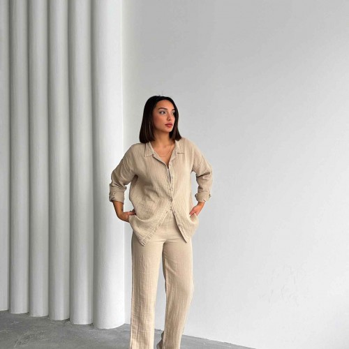 226879 BEJ PANTOLON TAKIM toptan bayan giyim