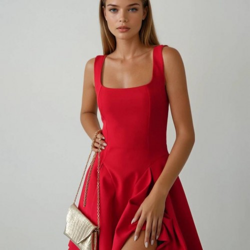 227436 KIRMIZI ELBİSE toptan bayan giyim