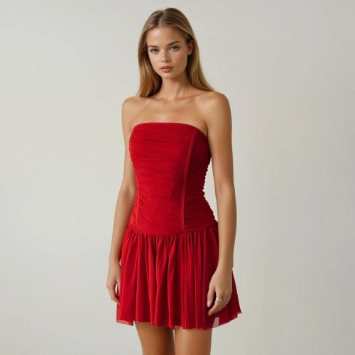 227437 KIRMIZI ELBİSE toptan bayan giyim