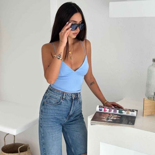 227896 TOPTAN BEBE MAVİ CROP toptan bayan giyim